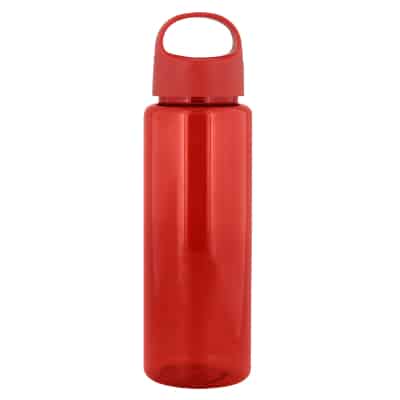 Plastic red water bottle with oval crest lid blank in 32 ounces.
