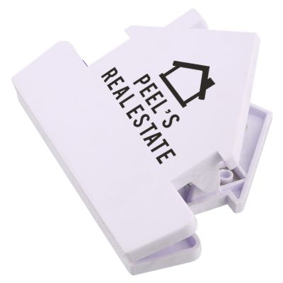 Polystyrene transparent red house chip clip with imprint.