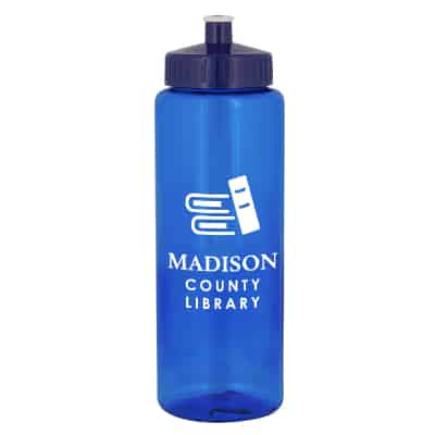Plastic blue water bottle with push pull lid and custom promtions in 32 ounces.