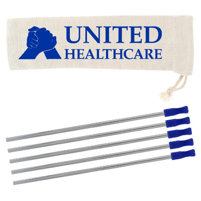 Imprinted blue stainless steel straw 5 pack.