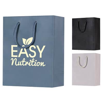 Kraft paper classic gray 8 inch tote with foil logo.
