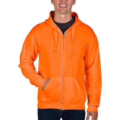 Blank safety orange full-zip hooded sweatshirt.