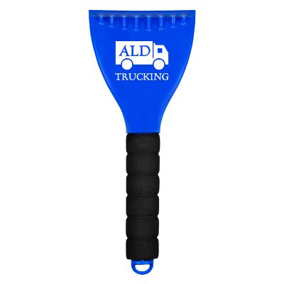Blue plastic ice scraper with rubber grip with promotional logo.