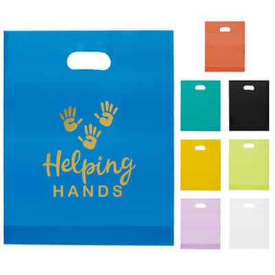 Plastic blue frosted foil stamped die cut bag with logo.