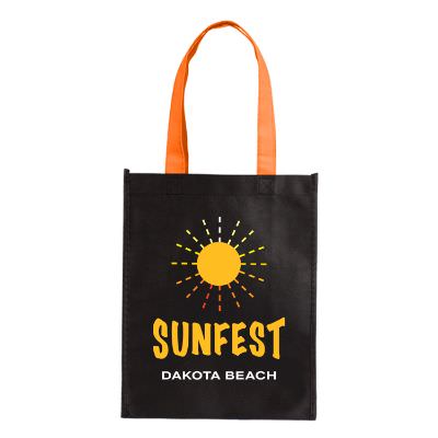 Non-woven polypropylene black and orange petite tote with full color imprint.