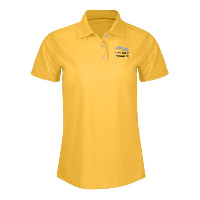 Women's gold polo with custom embroidered logo.