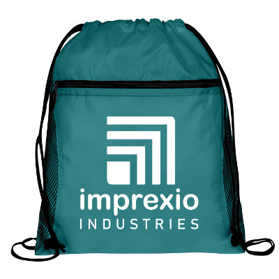 Polyester and mesh pockets drawstring with personalized imprint.