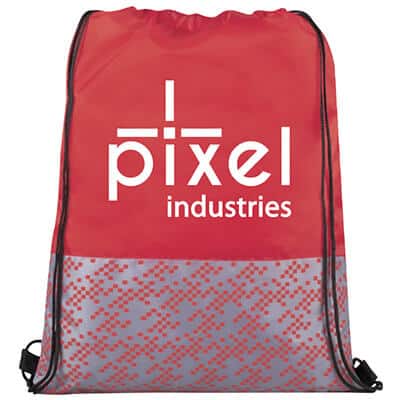 Polyester red pixel drawstring with logoed imprinting.