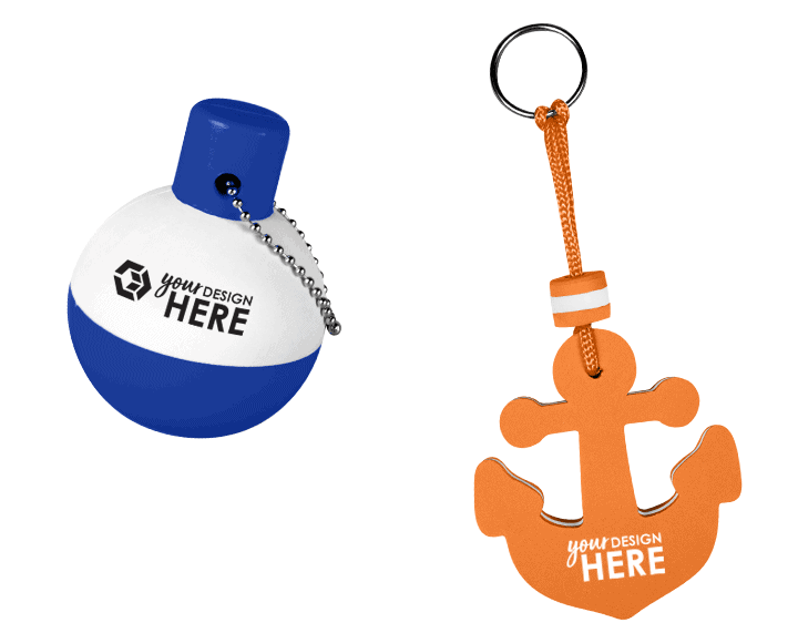 Blue and white custom floating keychain with black imprint and orange custom floating keychain with white imprint