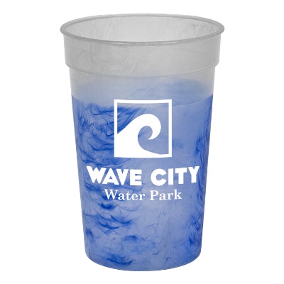 Plastic frosted to purple color changing splatter cup with logo in 17 ounces.
