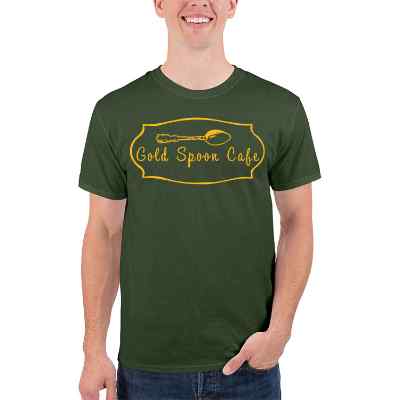 Personalized military green cotton-poly t-shirt with logo.
