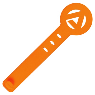 Orange silicone cable tie with a branded logo.