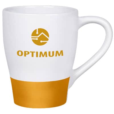 Ceramic metallic gold coffee mug with c-handle and custom print in 16 ounces.
