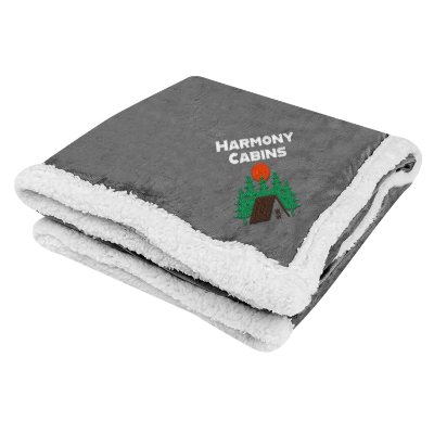 Gray embroidered sherpa blanket with personalized logo