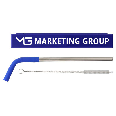 Blue and stainless straw kit with case and custom logo.