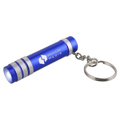 Aluminum blue LED light keychain with bottl opener engraved.
