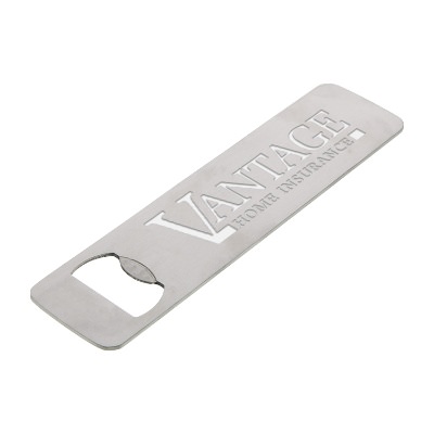 Magnetic stainless steel bottle opener with laser engraved imprint.