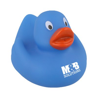 Plastic blue custom rubber duck.