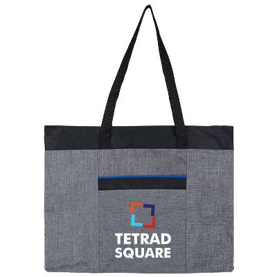 Polyester royal blue heathered executive tote with custom full color imprint.