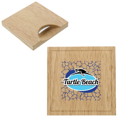 Brown wooden bottle opener coaster with full color promotional logo.