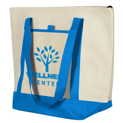 Process blue non-woven polypropylene can cooler tote with custom imprint.