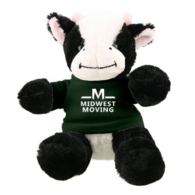 Plush and cotton cow with forest green shirt with custom imprint.