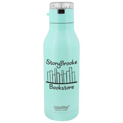 Mint stainless sports bottle with ear buds and custom logo in 17 oz.