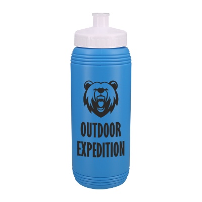 Cyan sports bottle with white lid with custom branding.