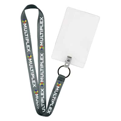 3/4 inch satin polyester lanyard with custom full-color design, black key ring and vertical ID holder.