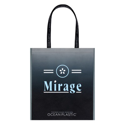 Black ocean plastic reusable large tote bag with custom full-color logo.