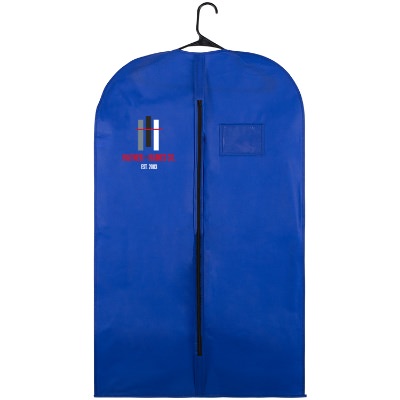 Polypropylene royal blue budget garment bag with full color imprinting.