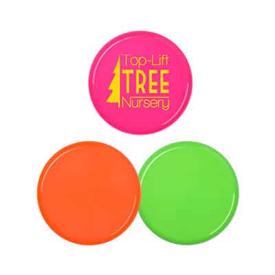Plastic neon orange teeny-tiny 4 inch flying disc with promotional logo.