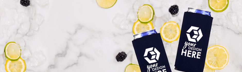 navy blue slim can coolers with white imprint