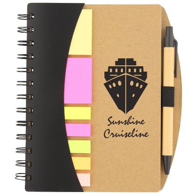 Small branded black and cardboard notebook with sticky notes.