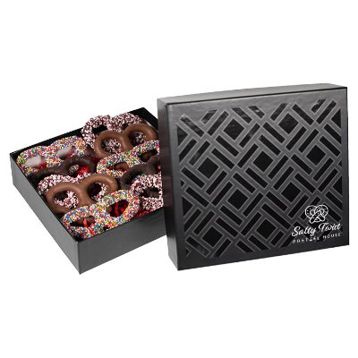 Black custom holiday premier chocolate pretzel deluxe gift box.