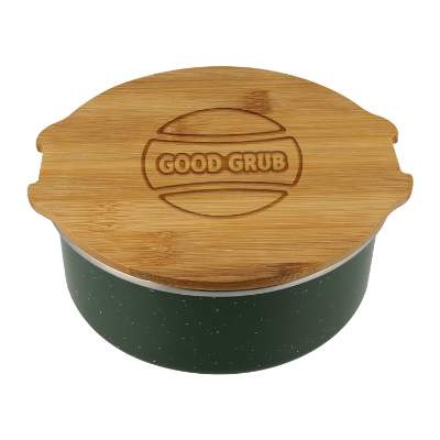 Engraved green campfire circle bento box with custom promotional logo.