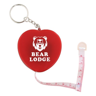 Metal, plastic and vinyl red heart tape measure keychain with imprinting.