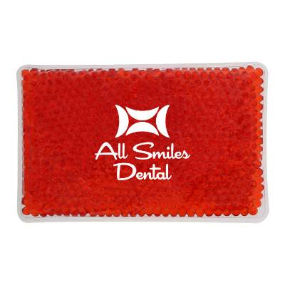 Plastic red hot and cold pack with a personalized logo.