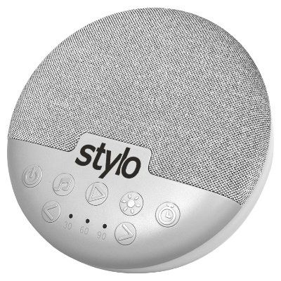 Gray plastic speaker with a personalized imprint.