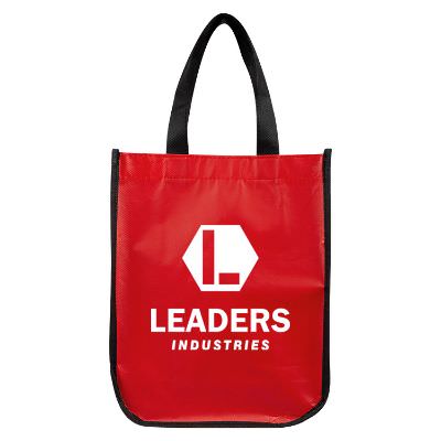 Laminated polypropylene red mini northwood tote with imprinting.