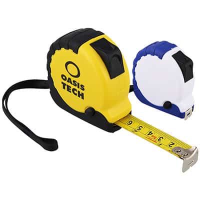 Metal and plastic yellow with black 10 inch locking tape measure with custom logo.