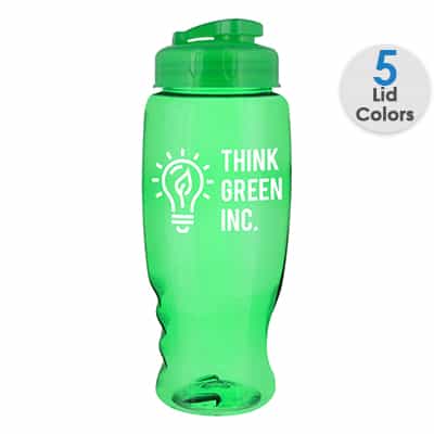 Plastic translucent blue water bottle with custom imprint and flip top lid in 27 ounces.