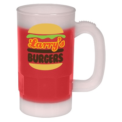 Plastic frosted to red color changing beer mug with imprinting in 14 ounces.