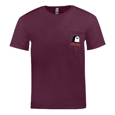Full color logo on maroon pocket t-shirt.