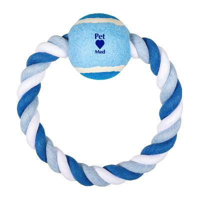Blue rope ring and ball toy with imprint.