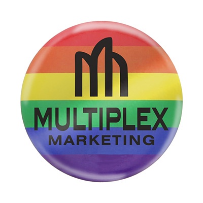 Plastic and metal rainbow button with a custom logo.