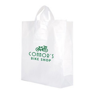 Plastic frosted clear recyclable shopper bag with logo.