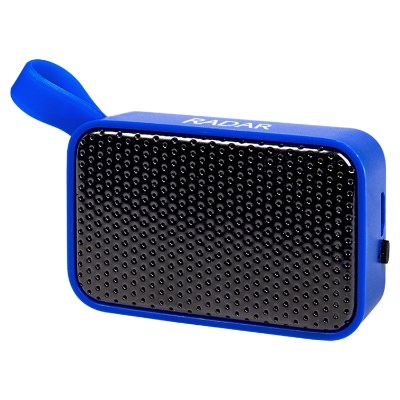 Blue plastic speaker with a custom logo.