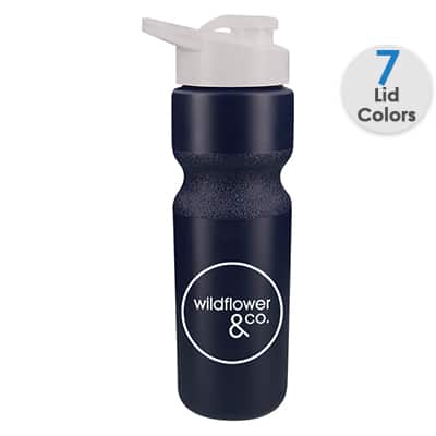 Plastic navy blue water bottle with custom branding and snap lid in 28 ounces.