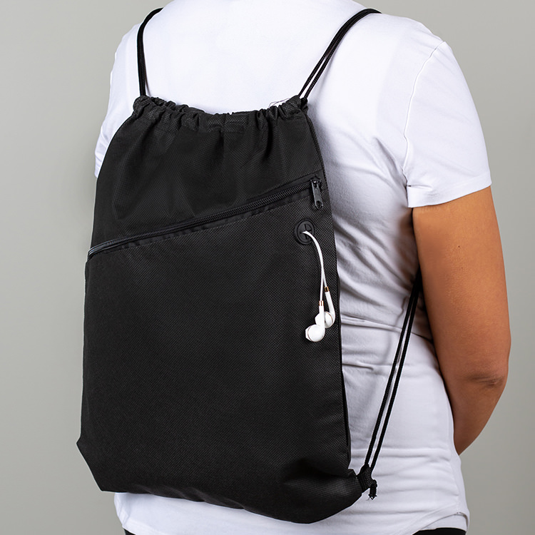 Polypropylene bag with front zipper pocket and built-in-slot for earbuds.